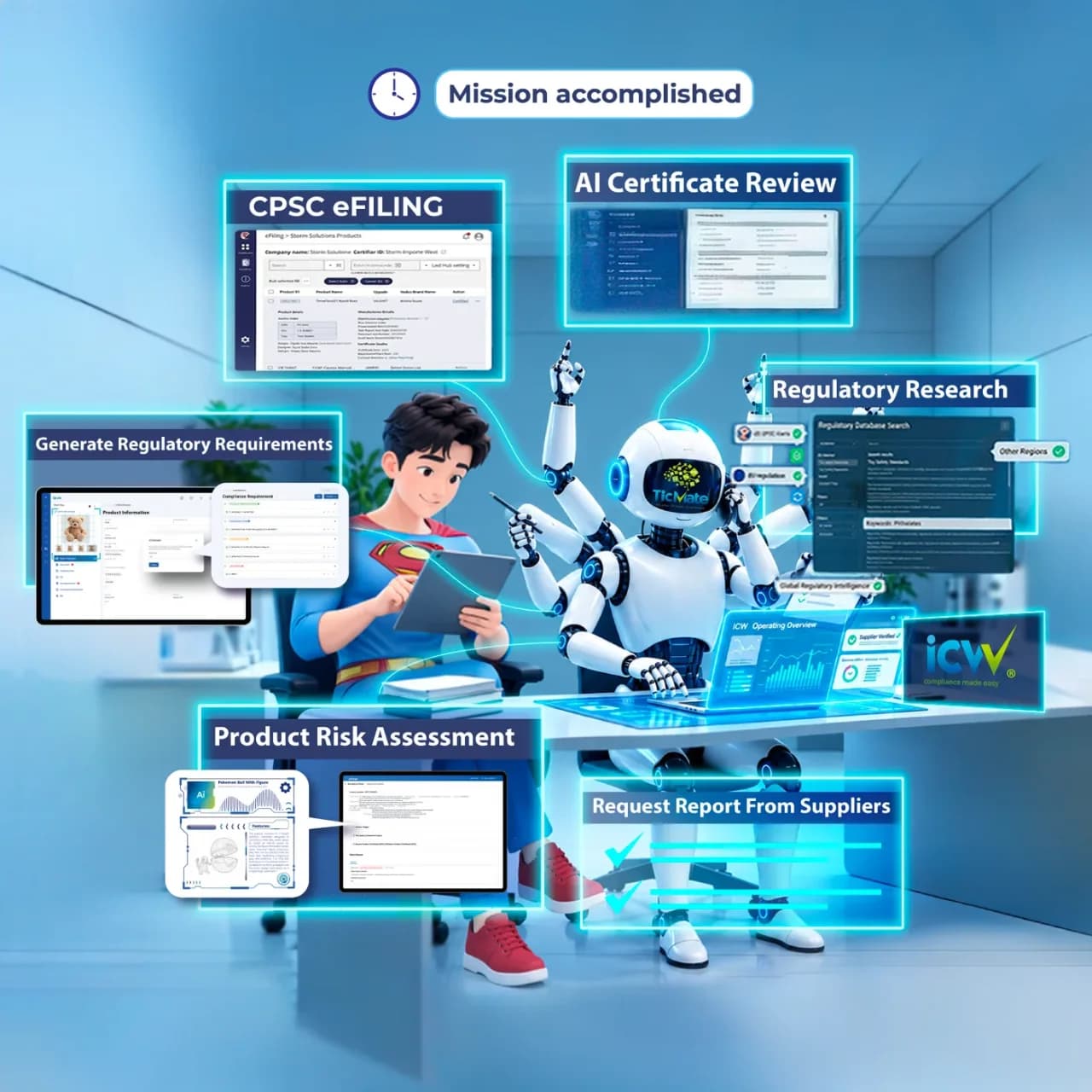 ICW Compliance AI Agent working alongside a QA professional: CPSC eFiling, AI certificate review, regulatory requirements, regulatory research, product risk assessment and supplier report requests. Finish work on time.